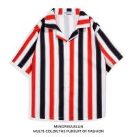ราคา ลายทางแขนสั้นลำลองพิมพ์ลายดิจิตอลคอเสื้อสไตล์ฮาวายผ้าไอซ์ซิลค์ปกสไตล์ชายหาดเสื้อเชิ๊ตลายดอกไม้ลายทาง (20469701064)