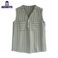 ราคา GEMEITE Fast Delivery Women Chiffon Shirt V neck Sleeveless Striped Printing Loose Thin Fashion T shirt (20914130828)