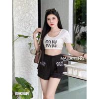 ราคา BS3784 Set เซ็ตเเขนสั้นปักmiu miu ขาสั้นงานผ้ายืด (20041781879)