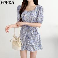ราคา VONDA ชุดกระโปรงแบบสั้นมินิทรงเอแขนสั้นมีเชือกผูกคอสี่เหลี่ยมแฟชั่นสำหรับผู้หญิง ลายดอกไม้เกาหลี (20707010816)