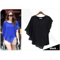 ราคา Falbala ปีกค้างคาวเสื้อแขนสั้นเสื้อชีฟอง สีฟ้า (14794452490)