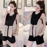 ราคา TW2494 Set 2 ชิ้น เสื้อเชิ้ตคอกลม แขนกุด งานเย็บตัดต่อ ทูโทน (5944708116)
