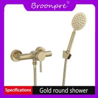 ราคา ชุดก๊อกน้ำฝักบัวอาบน้ำ BROONPRE ก๊อกน้ำฝักบัวอาบน้ำสีทองแปรงติดผนังห้องน้ำอ่างอาบน้ำร้อนและเย็นและก๊อกน้ำฝักบัวทองเหลือง (14317362625)