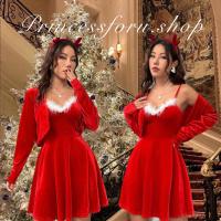 ราคา ชุดเซ็ตคริสมาสต์ เดรสสายเดี่ยว พร้อมเสื้อคลุม สีแดง ชุดแซนตี้ (20993667185)