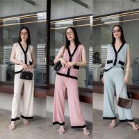 ราคา พร้อมส่ง ชุดเข้าเซท เสื้อแขนกุดผ้าริบ กางเกงขายาวเอวสม็อค งานป้ายVshop (16283436995)