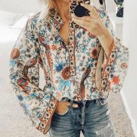 ราคา Women Lace up Print Boho Blouse Vintage Lantern Long Sleeve Blouse Shirt Chic V Neck Button Blouse Tops (8846029159)