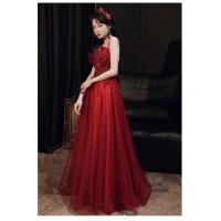 ราคา Glary Star ชุดเดรสงานเลี้ยงเจ้าสาวชุดเจ้าสาวสีแดงไวน์ทันสมัยบรรยากาศการแต่งงานชุดเดรสชุดราตรีแบบคล้องคอยาว (17653989478)