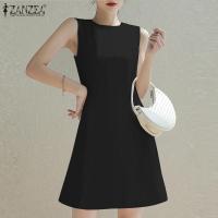 ราคา ZANZEA ชุดซันเดรสคอกลมแขนกุดชุดกระโปรงแบบสั้นมินิเรียบหรูสไตล์เกาหลี 11 (19815587439)