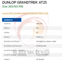 ราคา Dunlop 265 60 R18 GRANDTREK AT25 ยางใหม่ปี 23 4 เส้น ตัวอักษรขาวดำ สามารถเลือกได้ที่ตัวเลือก FREE จุ๊บยาง PREMIUM (11047282763)