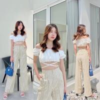 ราคา กางเกงขากระบอก ผ้าลินินลายริ้ว เอวสูงเรียบสวย พรางหุ่นได้ดี (17443300986)