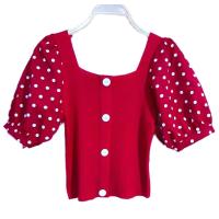 ราคา เสื้อไหมพรมครอปแฟชั่น คอเหลี่ยม แขนสั้นลายจุด (11698579773)
