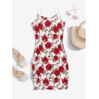 ราคา พร้อมส่งด่วนจากไทย ป้าย SHEIN เดรส เดรสสั้น ลายดอกไม้ กุหลาบแดง ชุดเข้ารูป สายเดี่ยว ขอบย่น (15808706625)