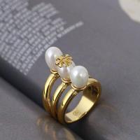 ราคา Tory Burch แฟชั่นที่เรียบง่ายอารมณ์ชุบทองเงาสามชั้นฝังมุกน้ำจืดคู่ T โลโก้โลหะพื้นผิวแหวน (16985204470)