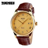 ราคา SKMEI นาฬิกาควอตซ์คู่9058นาฬิกาข้อมือคลาสสิกหรูหราหนังสีทองกันน้ำ (14290574810)