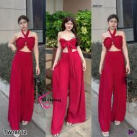 ราคา TW18672 set 2 ชิ้น เสื้อเกาะอกแต่งผูกโบว์ กางเกงขายาว (19360688058)