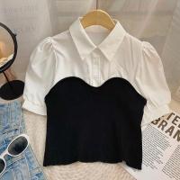 ราคา 卐 卍 Vogue พร้อมส่ง เสิ้อคอปกเชิ้ต ไหมพรมครึ่งตัว แขนสั้น ลายเรียบกับลายชิโนริ 70135 C 70136 FY70141 H (19888657919)