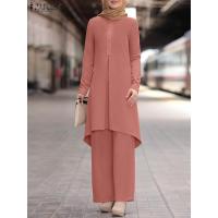 ราคา ZANZEA 2ชิ้นแฟชั่นอิสลามเสื้อผ้า Marocain อี๊ด Mubarek มุสลิมกางเกงชุดผู้หญิงแขนยาวลูกไม้โครเชต์เสื้อกางเกงชุด (19972381085)