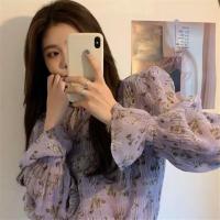 ราคา จัดส่งที่รวดเร็ว ฝรั่งเศสอ่อนโยนหวานเผือกสีม่วงดอกไม้เสื้อชีฟองสำหรับผู้หญิงในฤดูใบไม้ผลิและฤดูร้อนบางออกแบบ (18072181062)