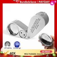 ราคา แว่นขยายพับได้40x25มม แว่นขยายเครื่องประดับโลหะทั้งหมดแว่นขยายแบบพกพาแก้วมือถือแว่นขยายตาโคมไฟ LED แผ่นเรืองแสง UV (21170249113)