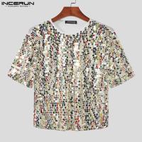 ราคา เสื้อยืดตาข่ายซีทรูเลื่อมแวววาวผู้ชายแขนสั้น INCERUN สไตล์ตะวันตก 9449 (20313122765)