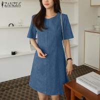 ราคา Esolo ZANZEA ผ้ายีนส์สไตล์เกาหลีของผู้หญิงแขนสั้นคอกลมชุดซันเดรสลำลองใส่ทำงานธรรมดาชุดกระโปรงแบบสั้นมินิ KRS 10 (19623488689)