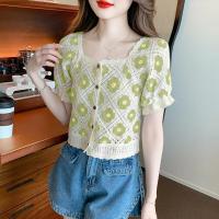ราคา REHIN เสื้อถักโครเชต์แขนสั้นสำหรับผู้หญิงเสื้อสตรีทรงหลวมดีไซน์ทันสมัยลายดอกทานตะวันฤดูร้อน (19747043676)