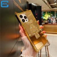 ราคา เคสไอโฟน เคสสำหรับ iPhone 14 Pro Max 13 Pro Max 12 Pro Max 11 Pro Max 14 Plus 13 Mini 12 Mini XR XS Max 8 7 6S 6 Plus เคสกระจกมันเงาสีทองฝังเพชรแวววาวแบรนด์หมี (17188074088)