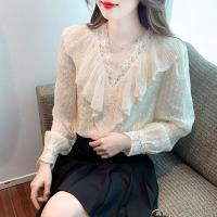 ราคา AMMIN เสื้อชีฟองลูกไม้แต่งระบายสไตล์เกาหลีสำหรับผู้หญิงเสื้อลูกไม้คอวีแขนยาวเข้ารูปแฟชั่น2023 (17471518904)