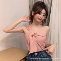 ราคา CACNCUT เสื้อครอปเปิดไหล่ข้างเดียวสไตล์เกาหลีสำหรับ Atasan Bahan Rajut สไตล์เซ็กซี่ (17397229460)