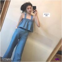 ราคา TW2579 Set 2 ชิ้น ยีนส์ เสื้อครอปแต่งสมอคสายไขว้หลัง กางเกงหกส่วน (3640264623)
