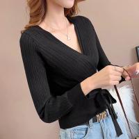 ราคา New Winter เสื้อแขนยาวไหมพรมผูกโบว์เอว เสื้อไขว้หน้าลายตรงริ้วสวยเก๋มากค่าา (17395385183)