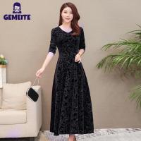 ราคา GEMEITE Fast Delivery Women Velvet V neck Dress Long Sleeves High Waist A line Skirt Slim Fit Solid Color Large Swing Midi Skirt (20770385956)