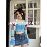 ราคา MTMM เสื้อสเวตเตอร์ถักผู้หญิง เสื้อครอปแขนยาวลายทางสายรุ้ง MTM 098 (20358669170)