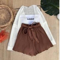 ราคา ชุดเซ็ต3ชิ้นเสื้อคลุมไหมพรมบาง เกาะอกสกรีนลาย กางเกงอัดพลีท (19359556847)