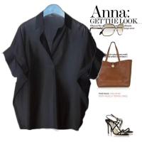 ราคา ชุดเดรสผู้หญิงสไตล์เกาหลีสีขาวเสื้อเชิ้ตแขนปีกค้างคาวคอวีทรงหลวมสำหรับเสื้อสตรี (19336405630)