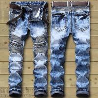 ราคา กางเกงยีนส์นักขี่จักรยานยนต์สำหรับผู้ชาย Distressed ยืดทำรอยขาด Biker กางเกงยีนส์ผู้ชายฮิปฮอปเข้ารูปพอดีหลุม Punk กางเกงยีนส์เดนิมกาง (548346952)