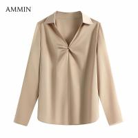 ราคา AMMIN เสื้อเชิ้ตผ้าชีฟองคอวีแต่งระบายแบบเรียบง่ายสำหรับฤดูใบไม้ร่วงเสื้อเชิ้ตผ้าซาตินคอวีกระดุมแถวเดียวแขนยาวเสื้อฉบับภาษาเกาหลีสำหรับผู้หญิงผ้าชีฟองเนื้อบาง (21034140393)