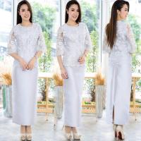 ราคา set เสื้อลูกไม้ปักเลื่อมแขนกระดิ่งสุด กระโปรงผ้าไหมทรงสอบ (483614717)