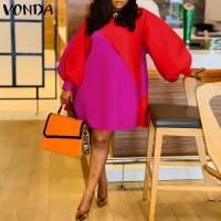 ราคา VONDA สีส้มชุดเดรส Midi สำหรับผู้หญิงสไตล์แฟชั่นแขนพอง ขนาดใหญ่พิเศษ (14275183009)