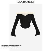 ราคา ลาชาเบลเสื้อยืดแขนยาวปาดไหล่สีดำแนววินเทจชุดผู้หญิงเสื้อตัวสั้นผ้าตาข่ายเปิดไหล่ชายระบายสำหรับฤดูใบไม้ร่วงและฤดูหนาว (20541922967)