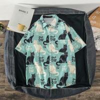 ราคา เสื้อเชิ้ตฮาวาย ลายแมว สไตล์เกาหลี ทรงหลวม สำหรับผู้ชาย สีดำ เขียว M 3XL (16454104382)