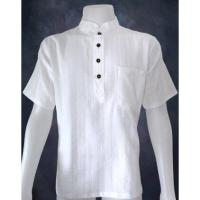 ราคา เสื้อผ้าฝ้าย ผ้าพื้นเมือง Dobby คอจีน กระดุมกะลา 4 เม็ด สีขาว แขนสั้น (19145896243)