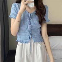 ราคา DD SHOP พร้อมส่ง 323 เสื้อไหมพรมแขนสั้น ผูกเชือกด้านหน้าเก๋ๆ (8552213440)