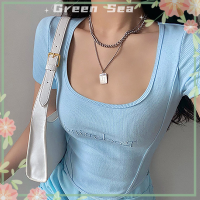 ราคา เสื้อครอปผู้หญิงคอสี่เหลี่ยมแขนสั้นเข้ารูปแบบไม่สม่ำเสมอเสื้อยืดลายปักตัวอักษรสีเขียวน้ำทะเลฤดูร้อน (20681550491)