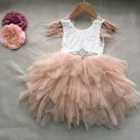 ราคา Princess baby feather dress 1st birthday party toddler girls lace flying sleeve summer dress kids tutu clothing with sashes (14133036356)