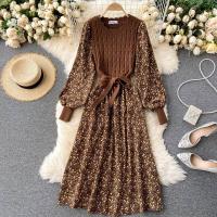 ราคา Corduroy Floral Women Dresses Vintage Knitted Patchwork 2020 Sweet Korean Puff Sleeve Bow Drawstring Long Dress (16494479228)