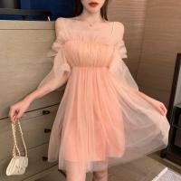 ราคา KAPAN พร้อมส่ง เดรสสั้น ซีทรู ปาดไหล่ สายเดี่ยว มี2สี ชมพู ขาว เดรสออกงาน ฟรีไซส์ kp219 (19609399606)