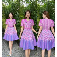 ราคา Kiss Kloset ชุดเดรสผ้าทอลาย คอปก แต่งขอบเอวโบว์ กระโปรง8ชิ้นทรงย้วย งานอัดกาวทั้งชุด S 2XL KS547 (20744871456)