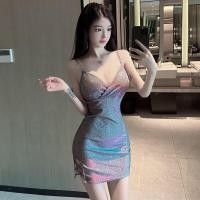 ราคา ไนต์คลับสตรีชุดราตรีผ้าไหมเงาอารมณ์สั้นคอวีลึกเซ็กซี่ต่ำตัดชุดแขวน (19471131845)