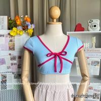 ราคา ครอปคอวี ครอปคอวีผ้าร่อง คอวีผูกโบว์ (20579027745)